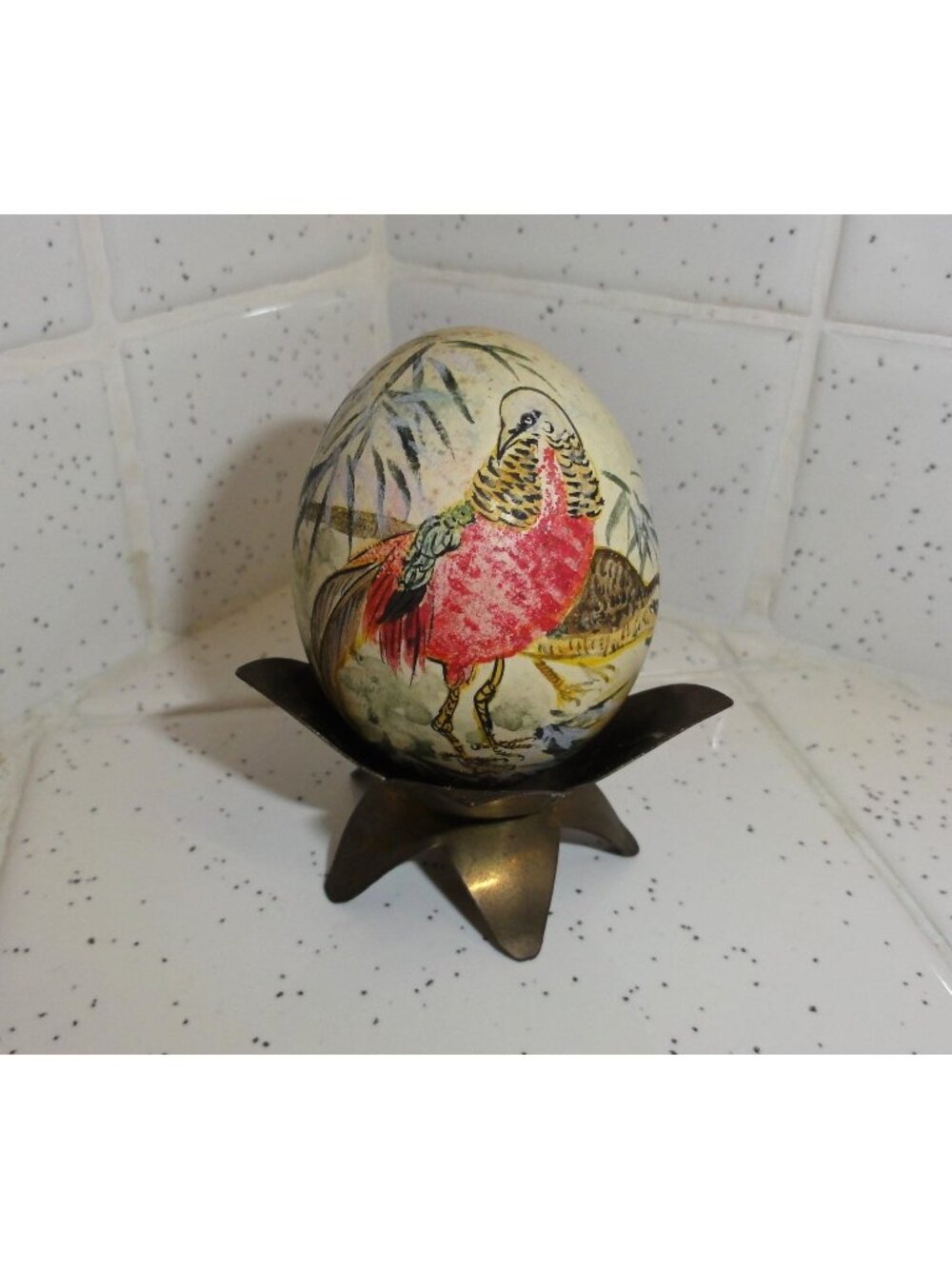Vintage Hand Painted Egg Golden Pheasant egg stand included
